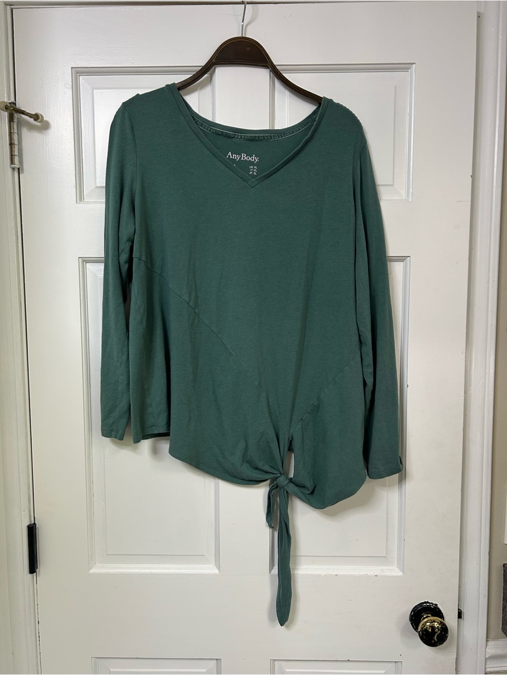 AnyBody Teal-Green Long Sleeve V-Neck Tie-Front Top